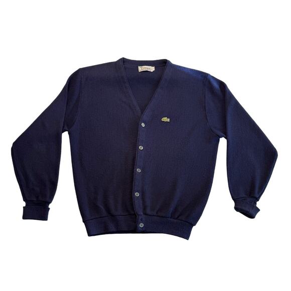 RARE VTG 1960s IZOD Lacoste Navy Wool Cardigan Sweater Old Money Classic USA Lg - Picture 1 of 6
